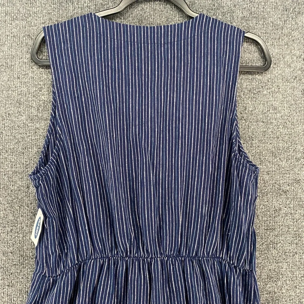 Old Navy Dress Womens L Linen Blend Blue Striped Button Up Sleeveless Boho Ranch